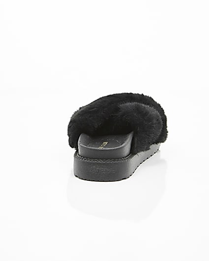 360 degree animation of product Black faux fur cross strap sliders frame-15