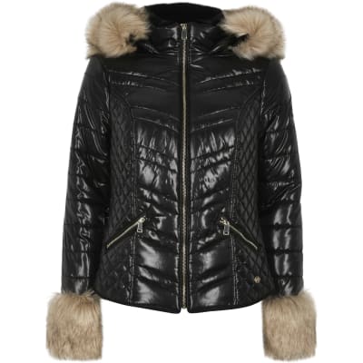 river island black high shine padded faux fur trim jacket