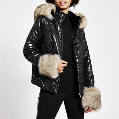 river island black high shine padded faux fur trim jacket