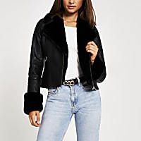 Black faux fur cuff quilted biker jacket