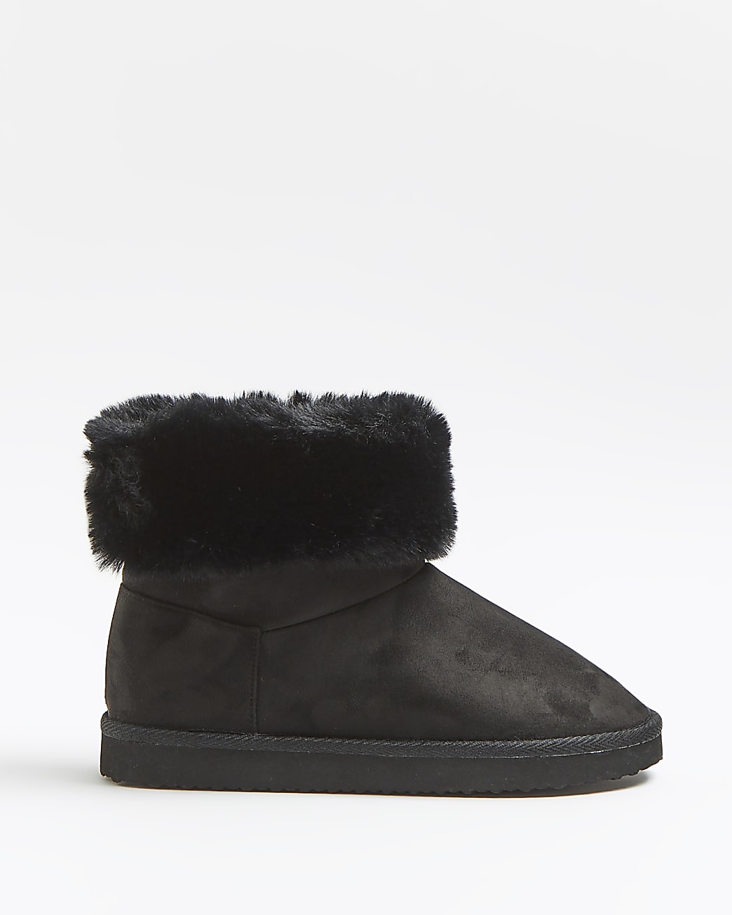 Black faux fur cuffed slipper boots