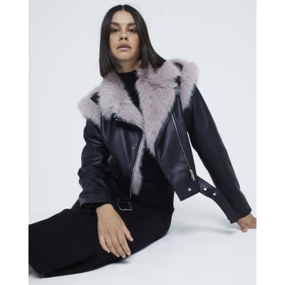 Black Faux Fur Faux Leather Biker Jacket River Island