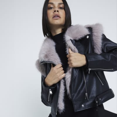Black Faux Fur Faux Leather Biker Jacket River Island