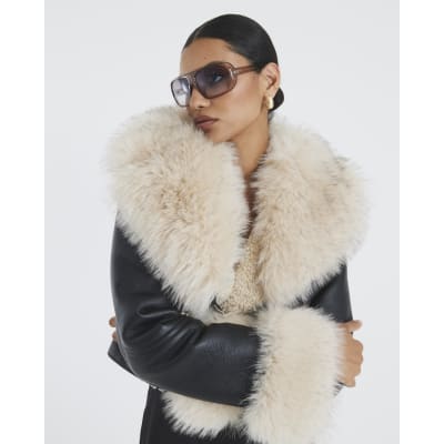 Black Faux Fur Faux Leather Biker Jacket