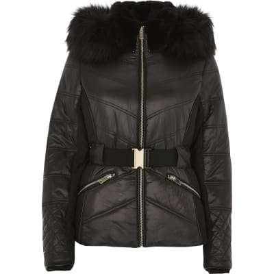 black fitted coat with fur hood