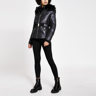 Black faux fur hood belted fitted jacket River Island