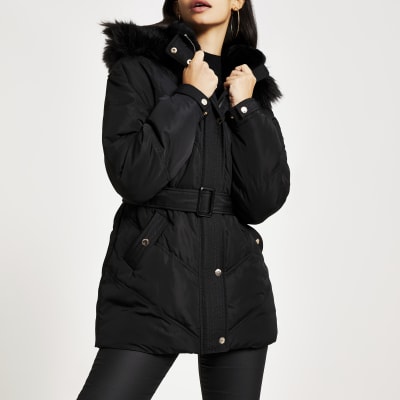 fur hood belted puffer coat