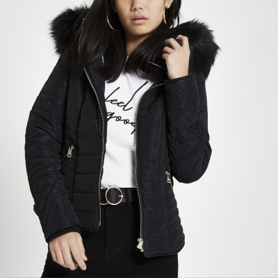 Black faux fur hood long sleeve padded jacket | River Island