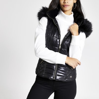 river island black high shine padded faux fur trim jacket