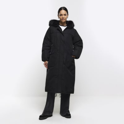 Black coat with store fur hood river island