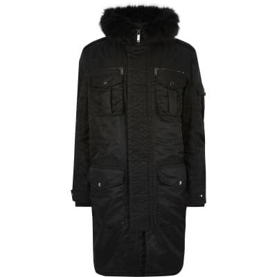 black faux fur hooded parka jacket