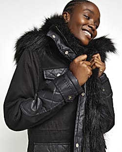 Black faux fur hooded parka coat