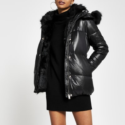 Black faux fur hooded puffer coat | River Island