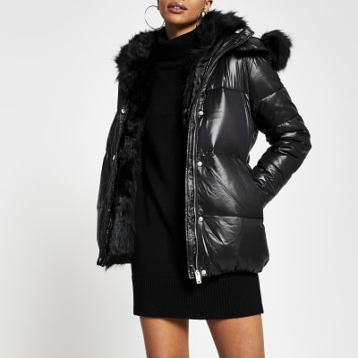 black faux fur hooded jacket