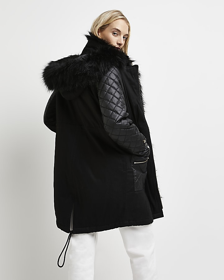 Black faux fur lined parka coat