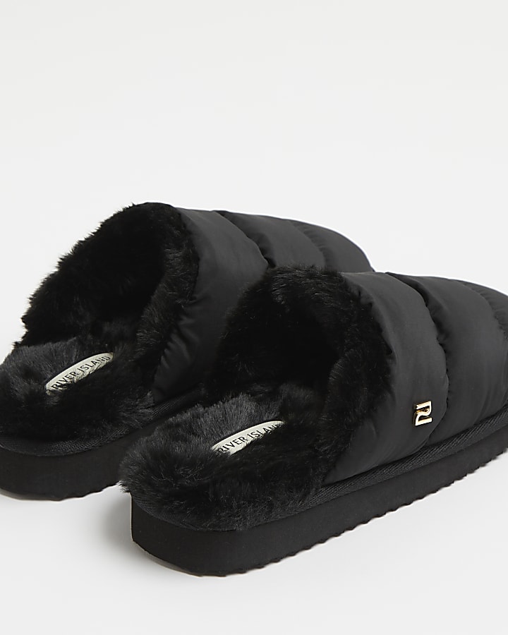 Black faux fur lined puffer slippers