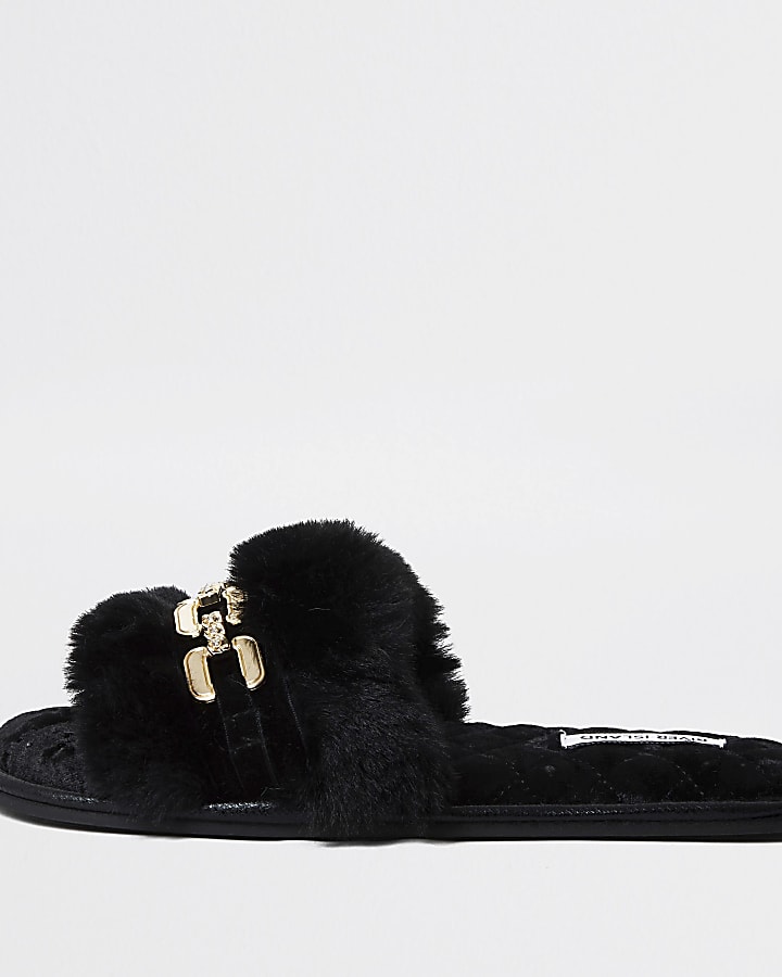 Black faux fur open toe slippers