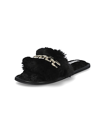 360 degree animation of product Black faux fur open toe slippers frame-0