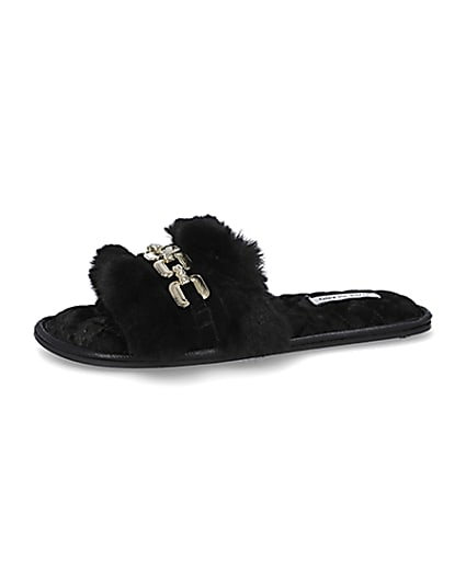 360 degree animation of product Black faux fur open toe slippers frame-2