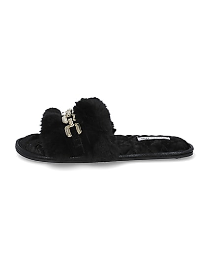 360 degree animation of product Black faux fur open toe slippers frame-3