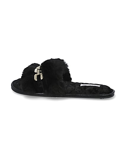 360 degree animation of product Black faux fur open toe slippers frame-4