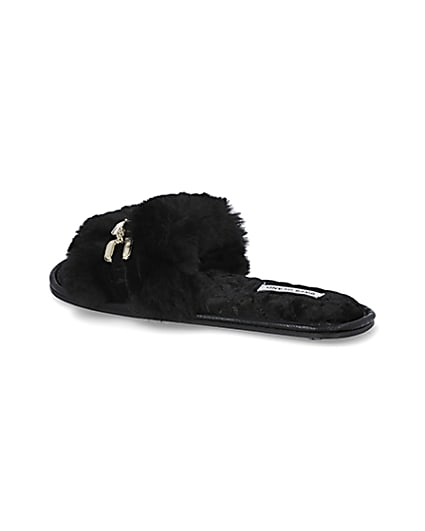 360 degree animation of product Black faux fur open toe slippers frame-5