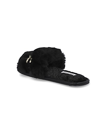 360 degree animation of product Black faux fur open toe slippers frame-6