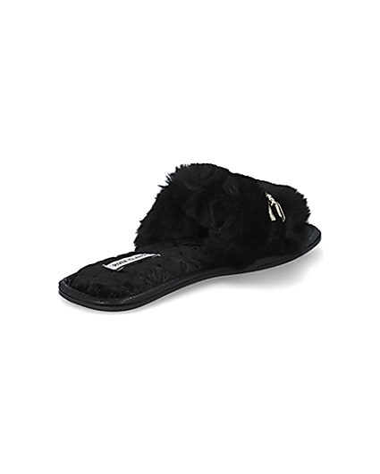 360 degree animation of product Black faux fur open toe slippers frame-12