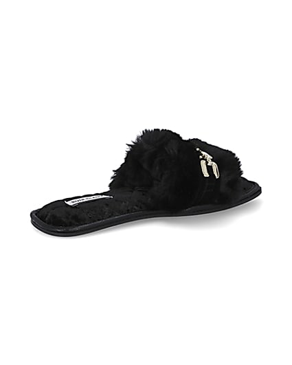 360 degree animation of product Black faux fur open toe slippers frame-13