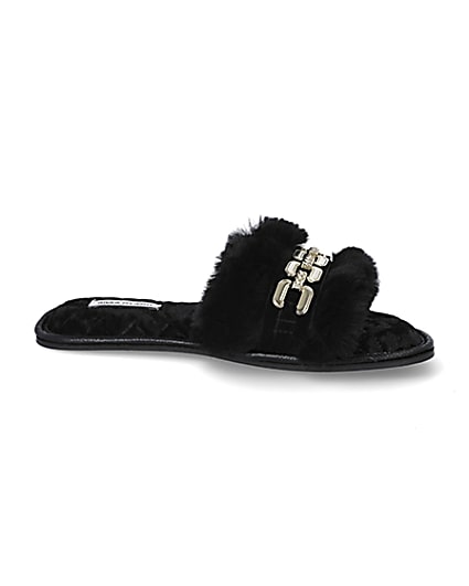 360 degree animation of product Black faux fur open toe slippers frame-16