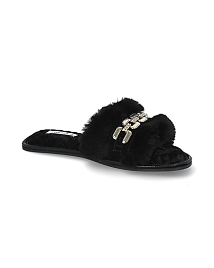 360 degree animation of product Black faux fur open toe slippers frame-17