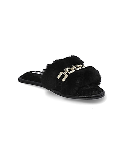 360 degree animation of product Black faux fur open toe slippers frame-18