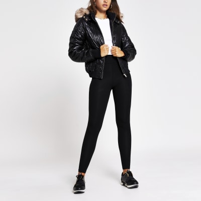 river island faux fur aviator jacket in black