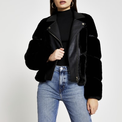 Black faux fur panelled biker jacket | River Island