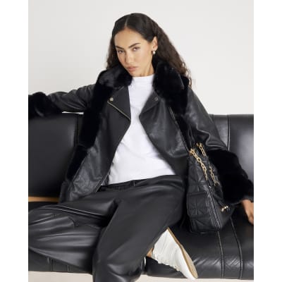 Black Faux Fur Panelled Biker Jacket