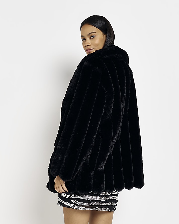 Black faux fur panelled coat