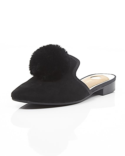 360 degree animation of product Black faux fur pom pom top backless shoes frame-1