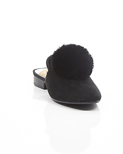 360 degree animation of product Black faux fur pom pom top backless shoes frame-5