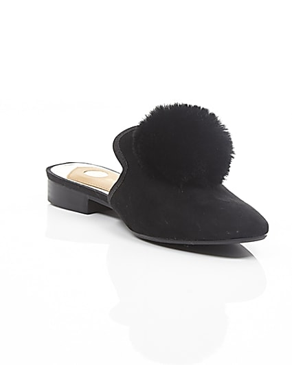 360 degree animation of product Black faux fur pom pom top backless shoes frame-6