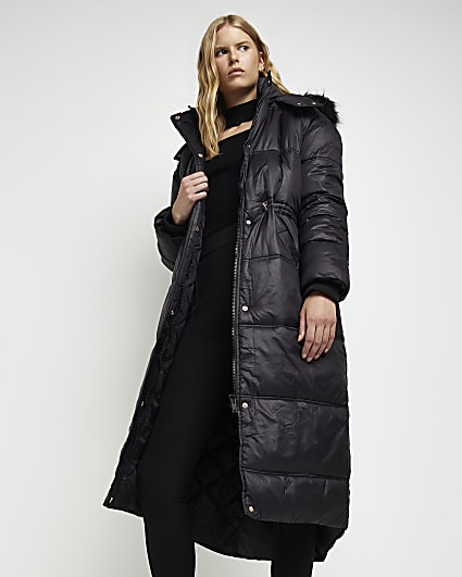 Black faux fur puffer longline coat