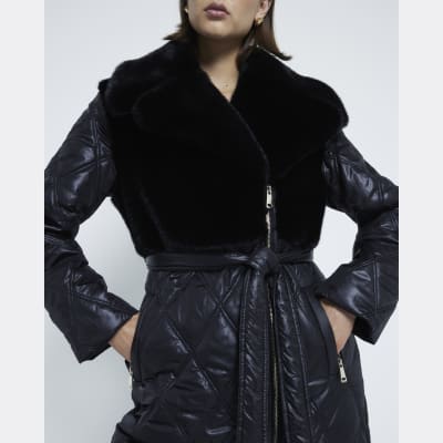 Black Faux Fur Quilted Longline Coat River Island