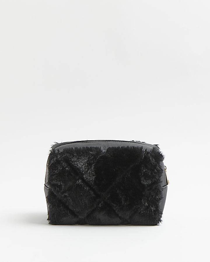 Black faux fur quilted makeup bag
