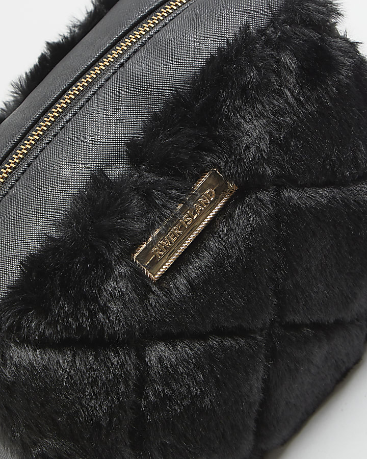 Black faux fur quilted makeup bag