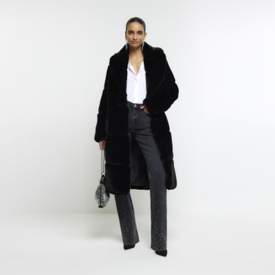 Black faux fur robe coat | River Island