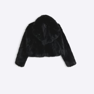 Black faux fur jacket river island on sale