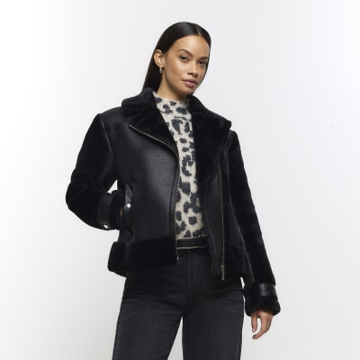 Black faux fur sleeve aviator jacket | River Island