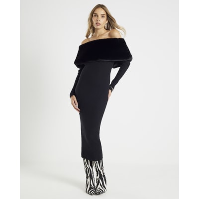 Black Faux Fur Trim Bardot Midi Dress