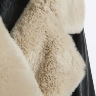 Black Faux Fur Trim PU Vintage Style Coat