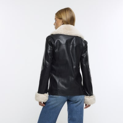 Black faux fur trim biker jacket online