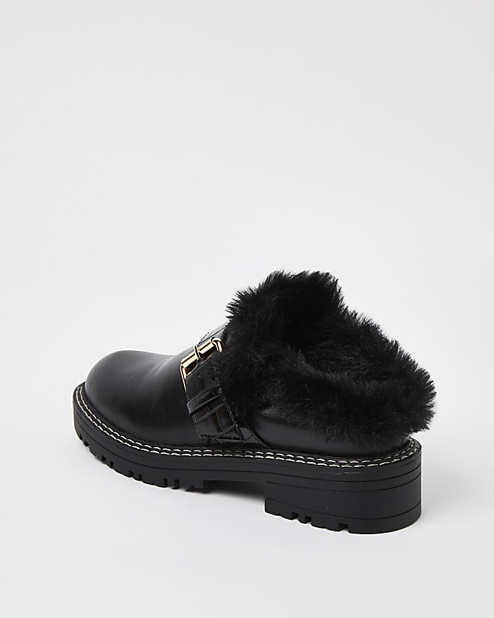 Black faux fur trim chunky loafers